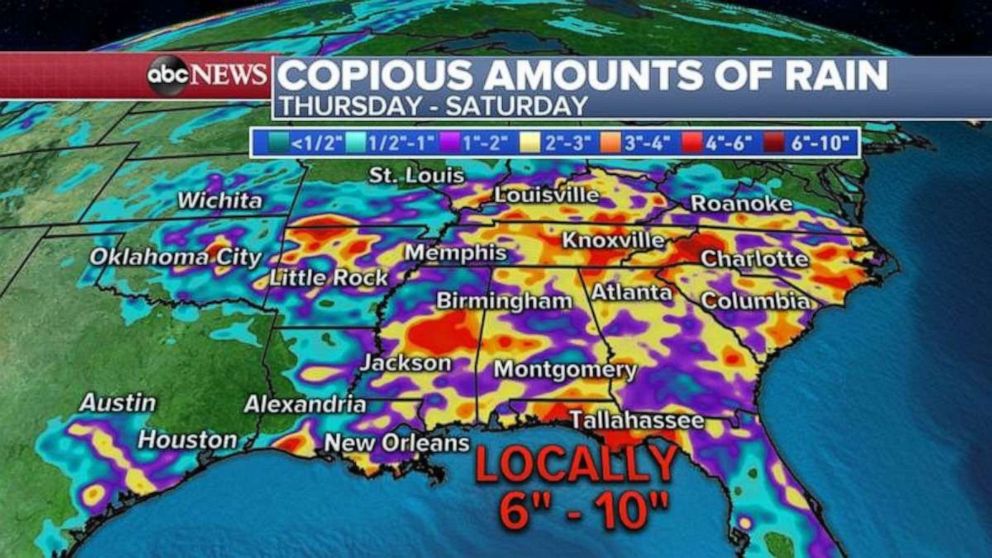 PHOTO: Heavy rain will fall across the Gulf Coast and Southeast through the weekend.