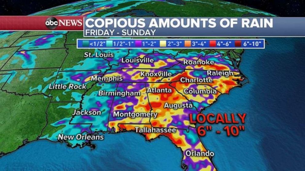 PHOTO: Heavy rain, as much as 6 to 10 inches, is possible in parts of the Southeast, especially Georgia and the Carolinas.