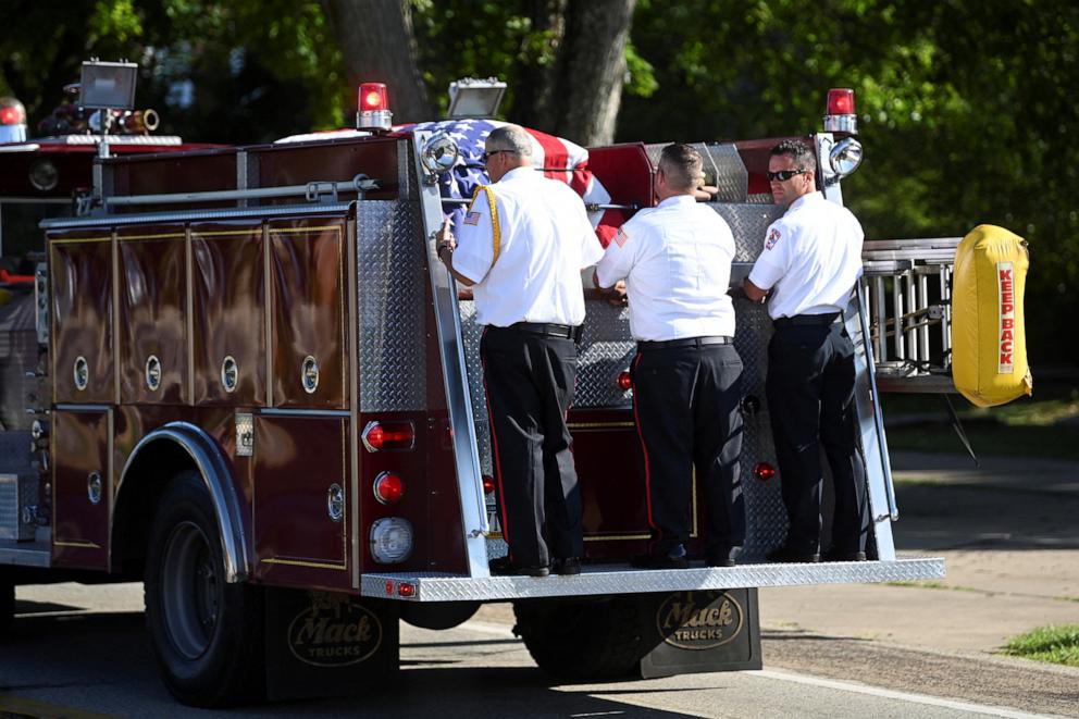 PHOTO: A firetruck transports the body of Corey Comperatore during his private funeral in Sarver, Pennsylvania, on July 19, 2024.
