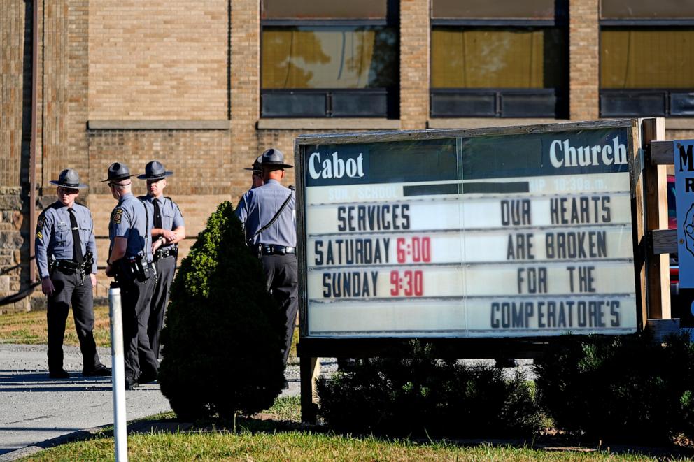 PHOTO:Pennsylvania State Police arrive at the Cabot Church, in Cabot, Pa., on July 19, 2024, before the funeral service for Buffalo Township Volunteer fireman Corey Comeratore, who was killed at a Pennsylvania rally for Donald Trump.