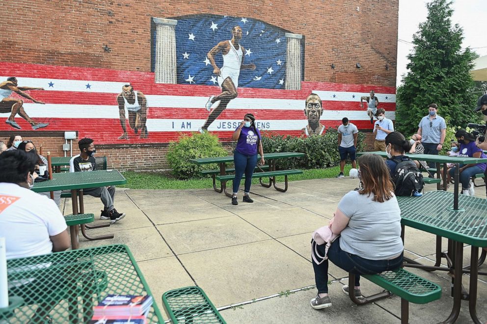 PHOTO: In this Aug. 3, 2020, file photo, Missouri Democratic congressional candidate Cori Bush speaks to supporters during a canvassing event in St Louis