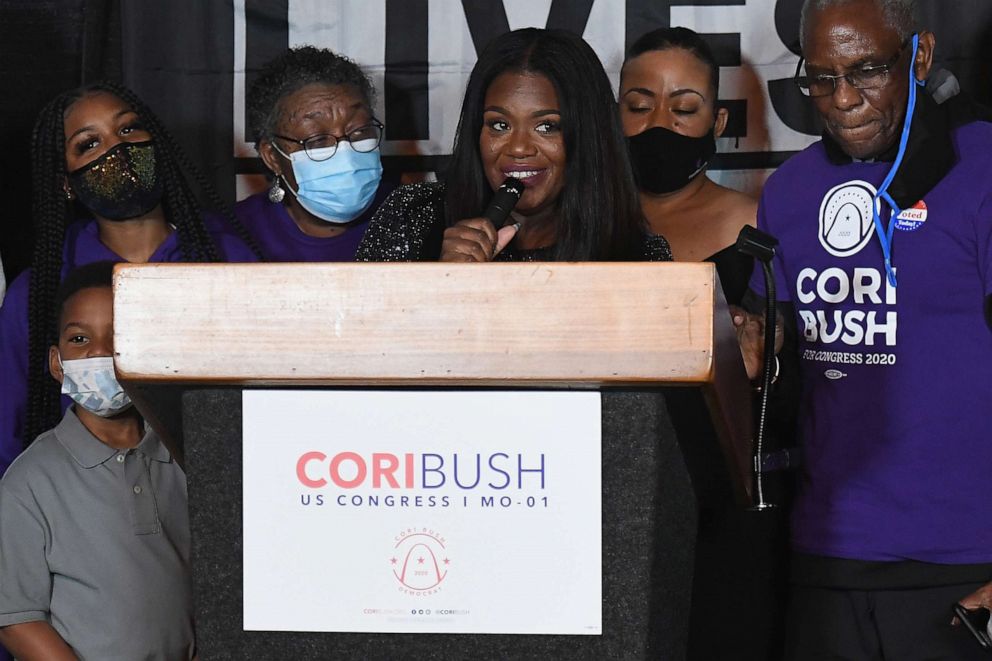 PHOTO: Congresswoman-elect Cori Bush speaks during her election-night watch party on Nov. 3, 2020, at campaign headquarters in St. Louis.