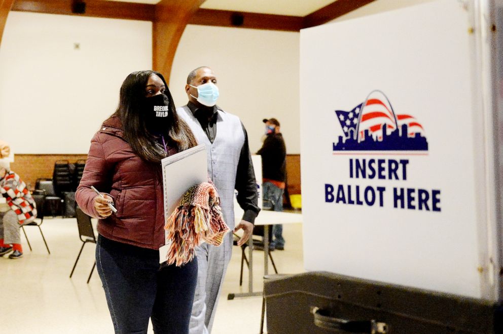 PHOTO: Missouri Democratic Congressional Nominee Cori Bush waits in line to vote on Election Day at Gambrinus Hall in St. Louis, Nov. 3, 2020.