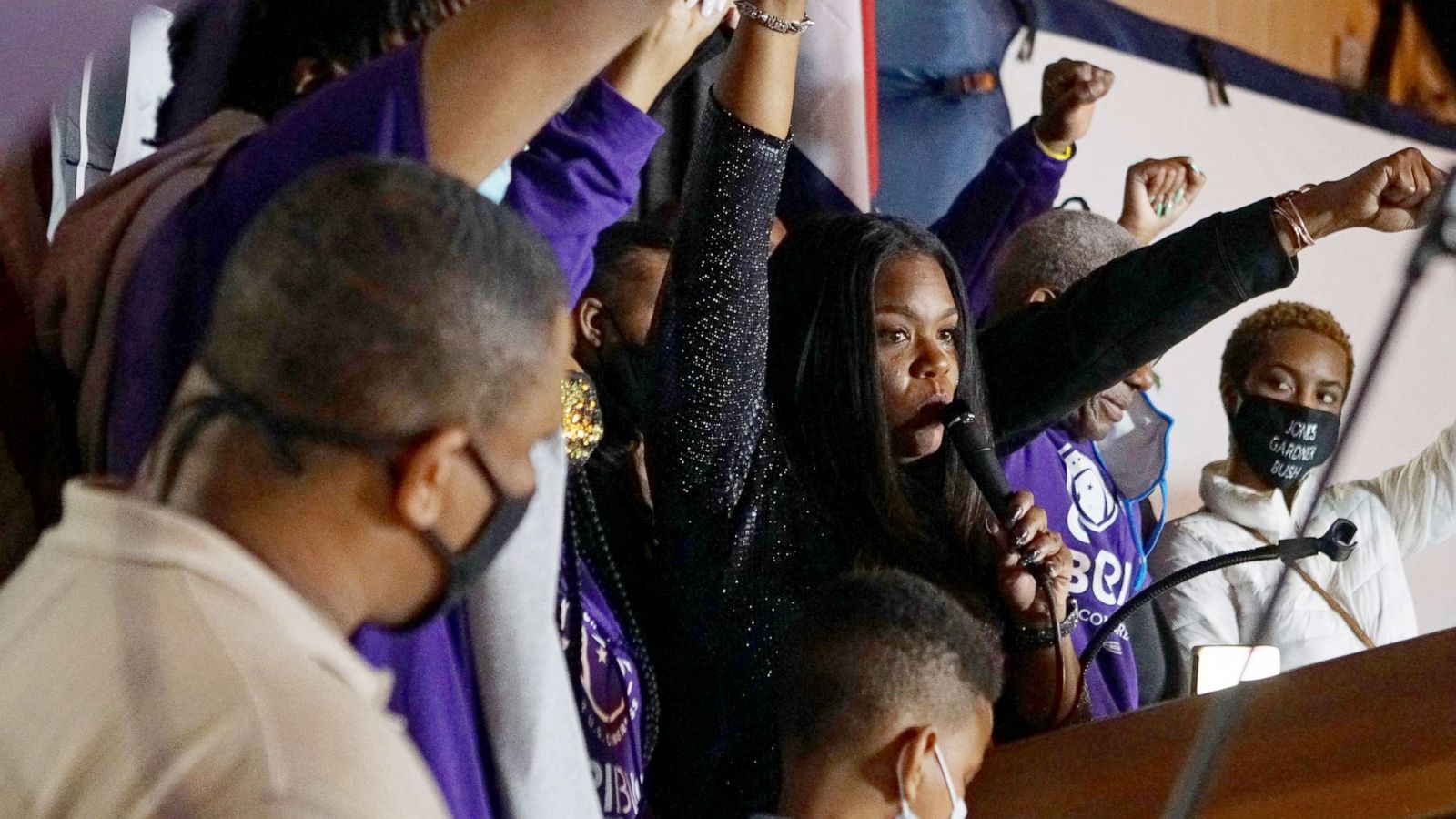 PHOTO: House of Representatives candidate Cori Bush speaks on Election Day at her headquarters in St. Louis, Nov. 3, 2020.