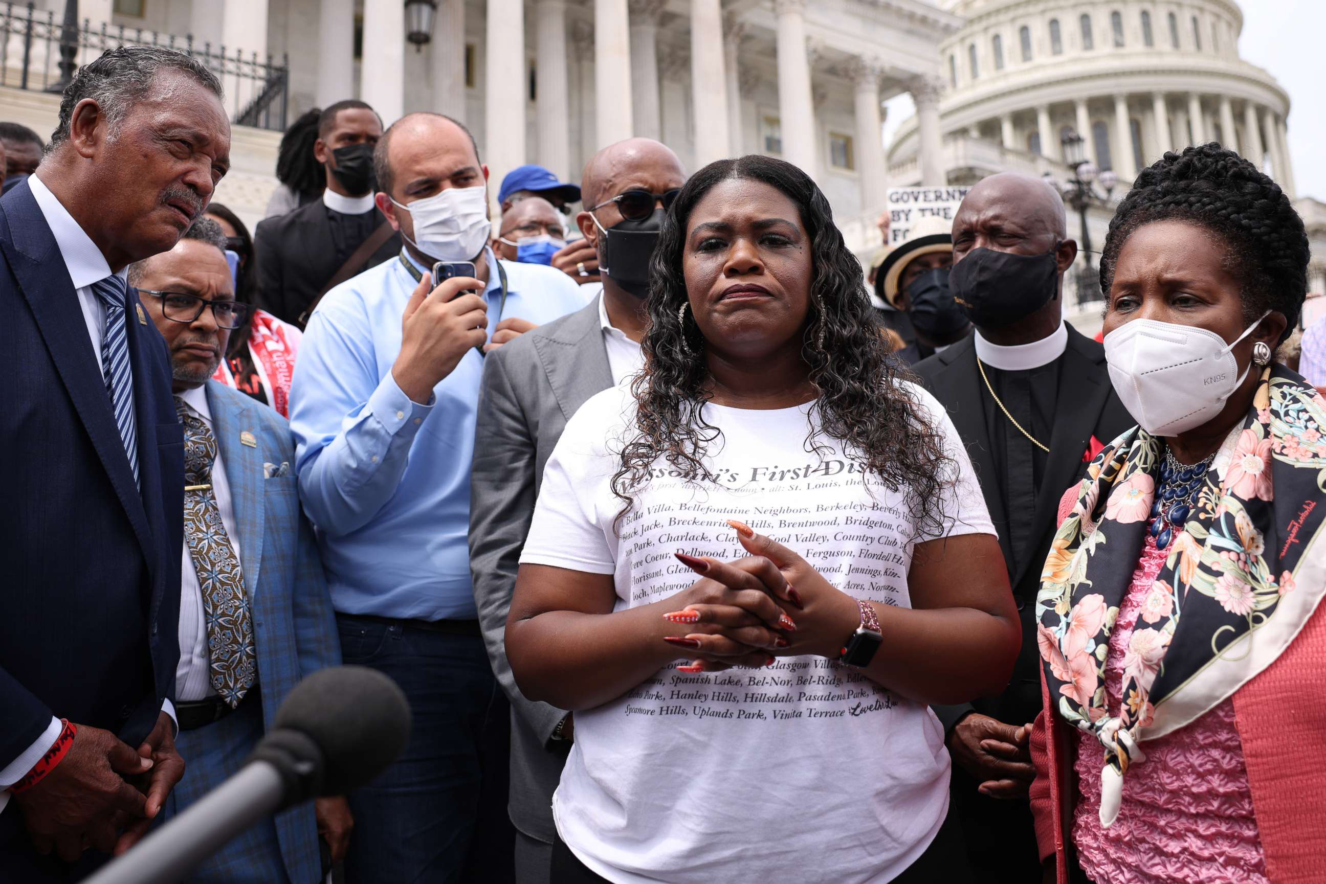 PHOTO: Rep. Sheila Jackson Lee, right, Rep. Cori Bush, center and civil rights activist Jesse Jackson speak at a rally against the end of the eviction moratorium at the U.S. Capitol, Aug. 3, 2021, in Washington, DC.