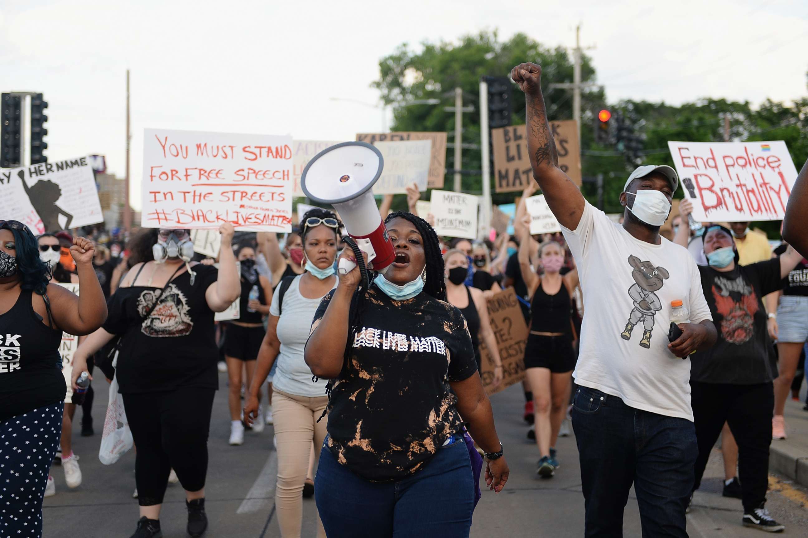 PHOTO: In this June 12, 2020, file photo, Missouri Democratic congressional candidate Cori Bush leads protesters as they take to the street to protest against police brutality in University City, Mo.