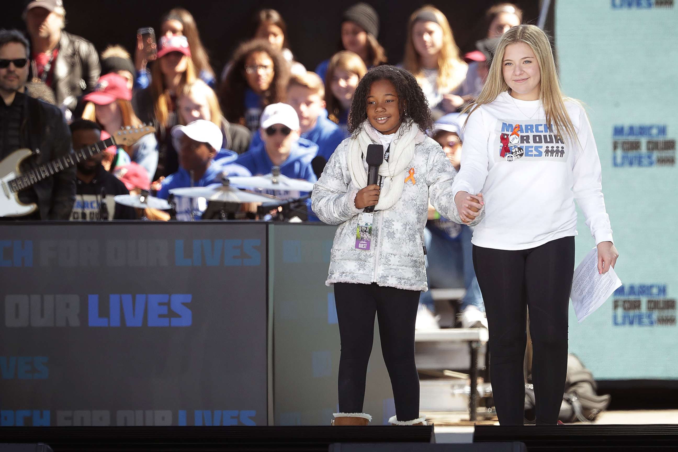 PHOTO: Marjory Stoneman Douglas High School Student Jaclyn Corin ,right, and Yolanda Renee King, granddaughter of Dr. Martin Luther King, Jr. addresses the March for Our Lives rally, March 24, 2018, in Washington, D.C.