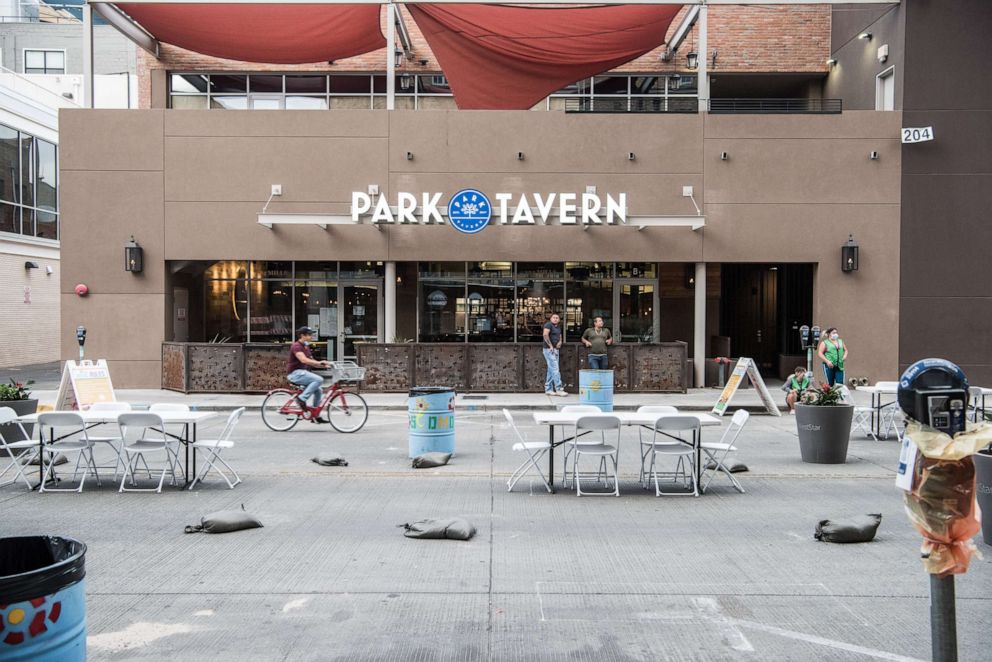 PHOTO: An outdoor seating area sits empty on July 1, 2020, in El Paso, Texas.