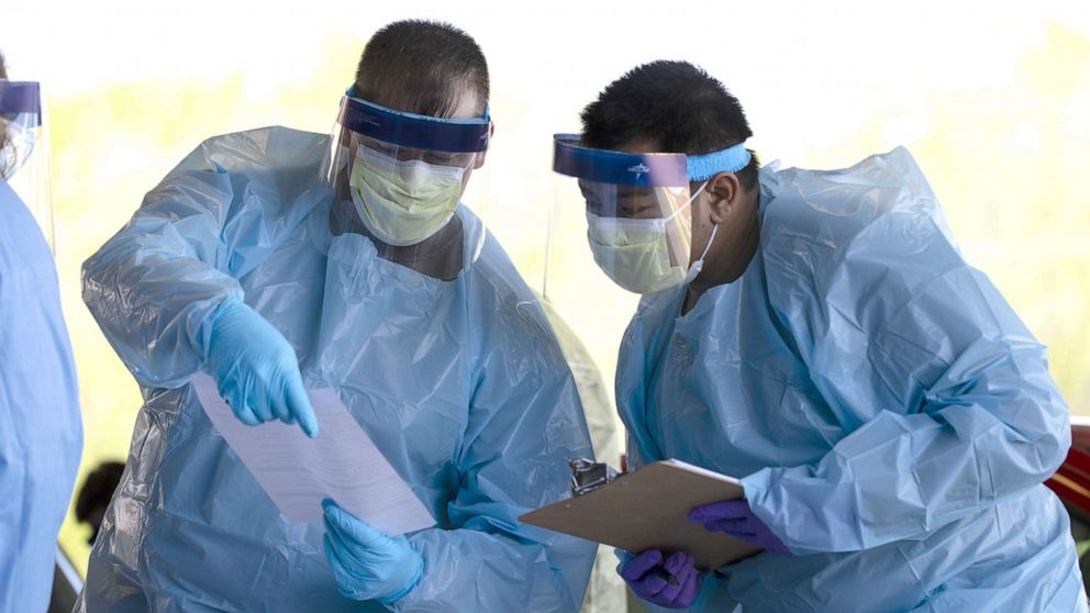 PHOTO: Medical personnel work at a drive thru coronavirus (covid-19) testing site at Robertson County Fairgrounds, April 18, 2020, in Springfield, Tenn.