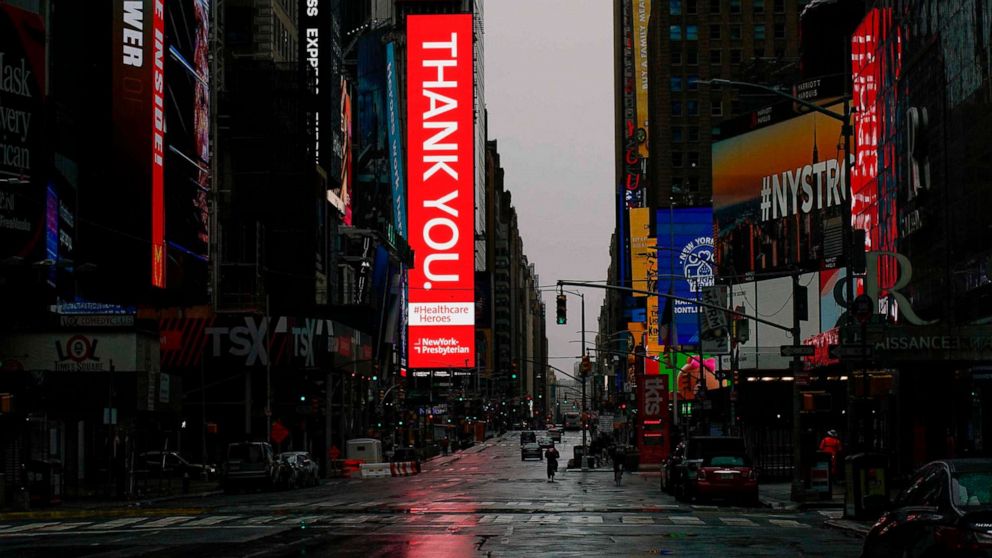 PHOTO: An empty Street is seen in Times Square amid the coronavirus pandemic on April 26, 2020, in New York. 