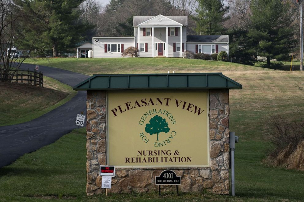 PHOTO: A view of the Pleasant View Nursing Home, March 30, 2020, in Mount Airy, Md. Over the weekend, Maryland Gov. Larry Hogan announced that at least 66 people have tested positive for COVID-19 at the nursing home, including one death. 