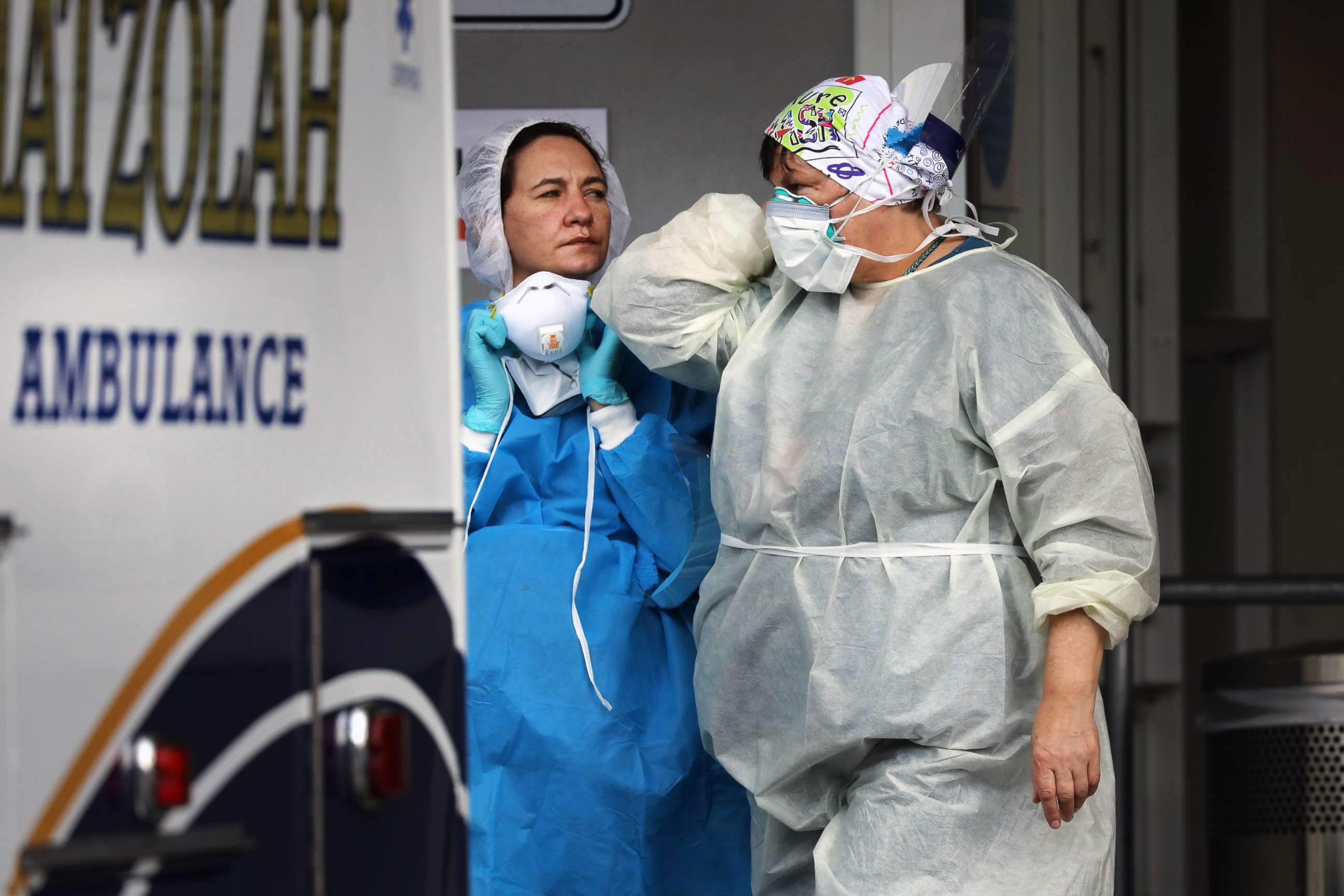 PHOTO: Medical workers take in patients outside of a special coronavirus intake area at Maimonides Medical Center, May 1, 2020, in Brooklyn.