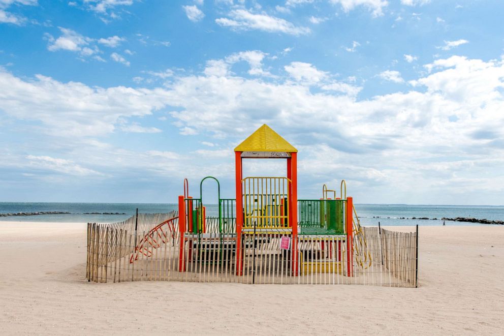 PHOTO: The beach playground at Coney Island sits closed in Brooklyn during the coronavirus pandemic on May 04, 2020, in New York.