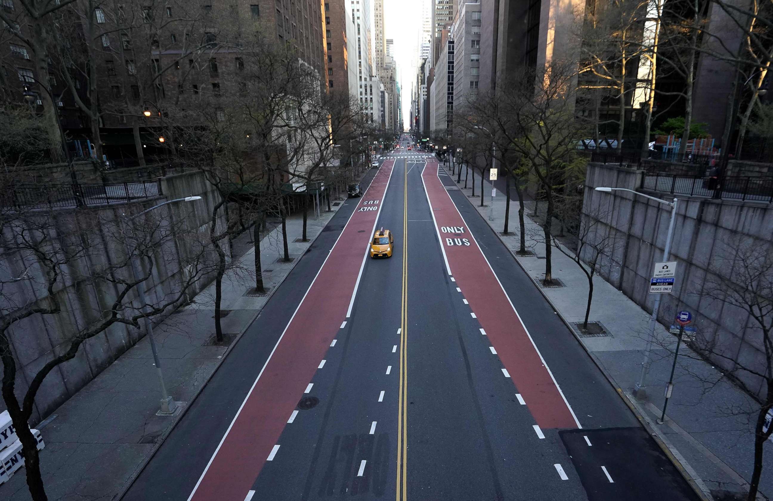 PHOTO: 42nd Street is seen in midtown New York, April 19, 2020, during the COVID-19, coronavirus epidemic. 