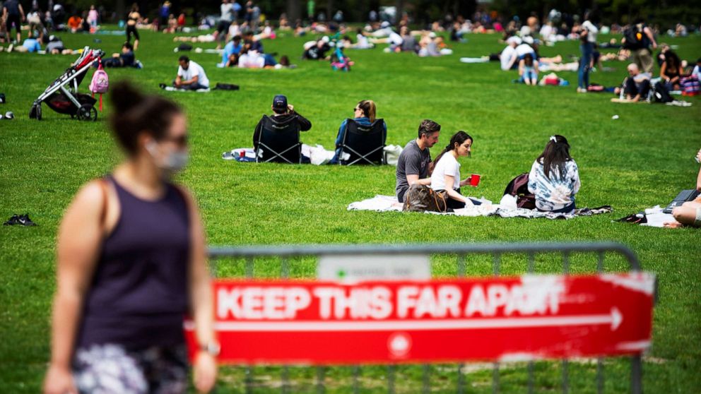 PHOTO:People rest and enjoy the day at Central Park while maintaining social distancing  during the outbreak coronavirus in New York, May 2, 2020. 
