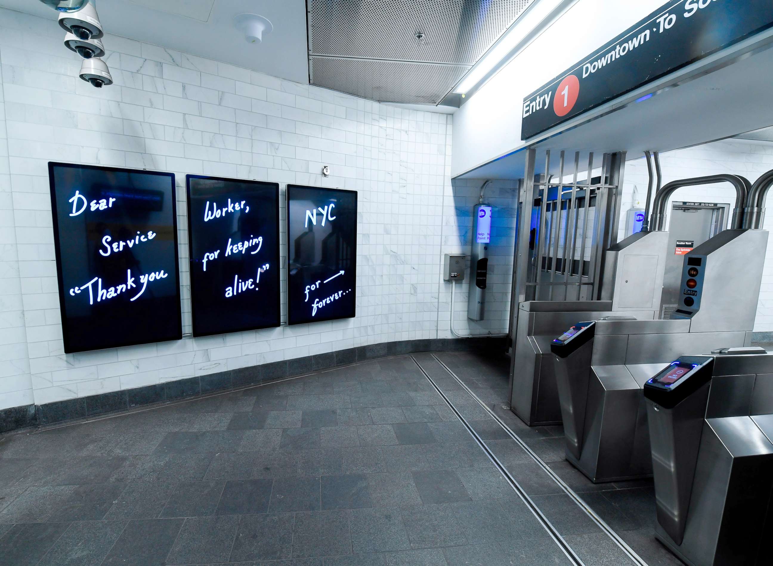 PHOTO: "Dear Service Workers"digital art project by artist Mierle Laderman Ukele is seen the WTC Cortlandt station in undated photo.