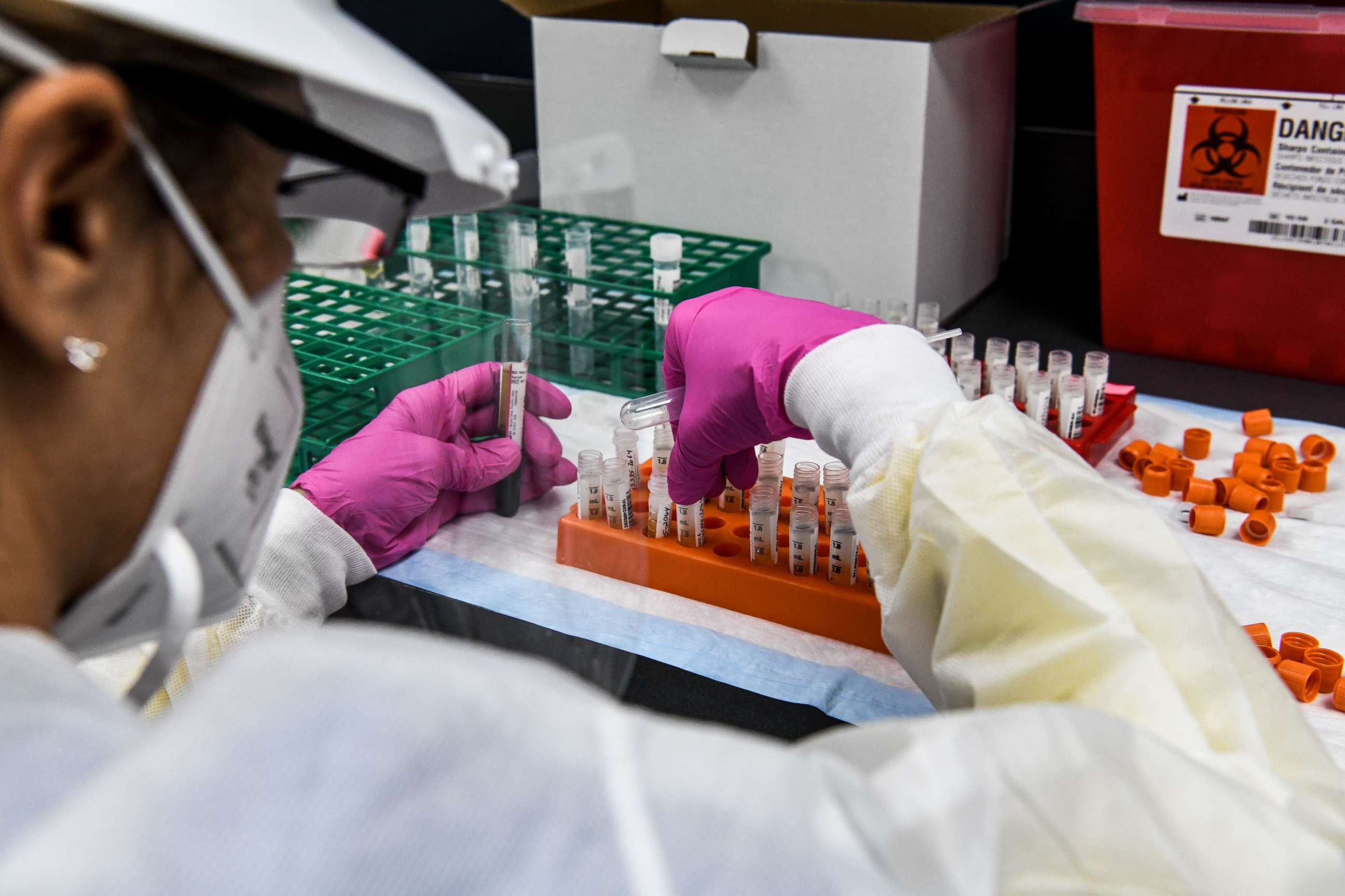 PHOTO: In this file photo taken on August 13, 2020, a lab technician sorts blood samples inside a lab for a Covid-19 vaccine study at the Research Centers of America (RCA) in Hollywood, Florida. 
