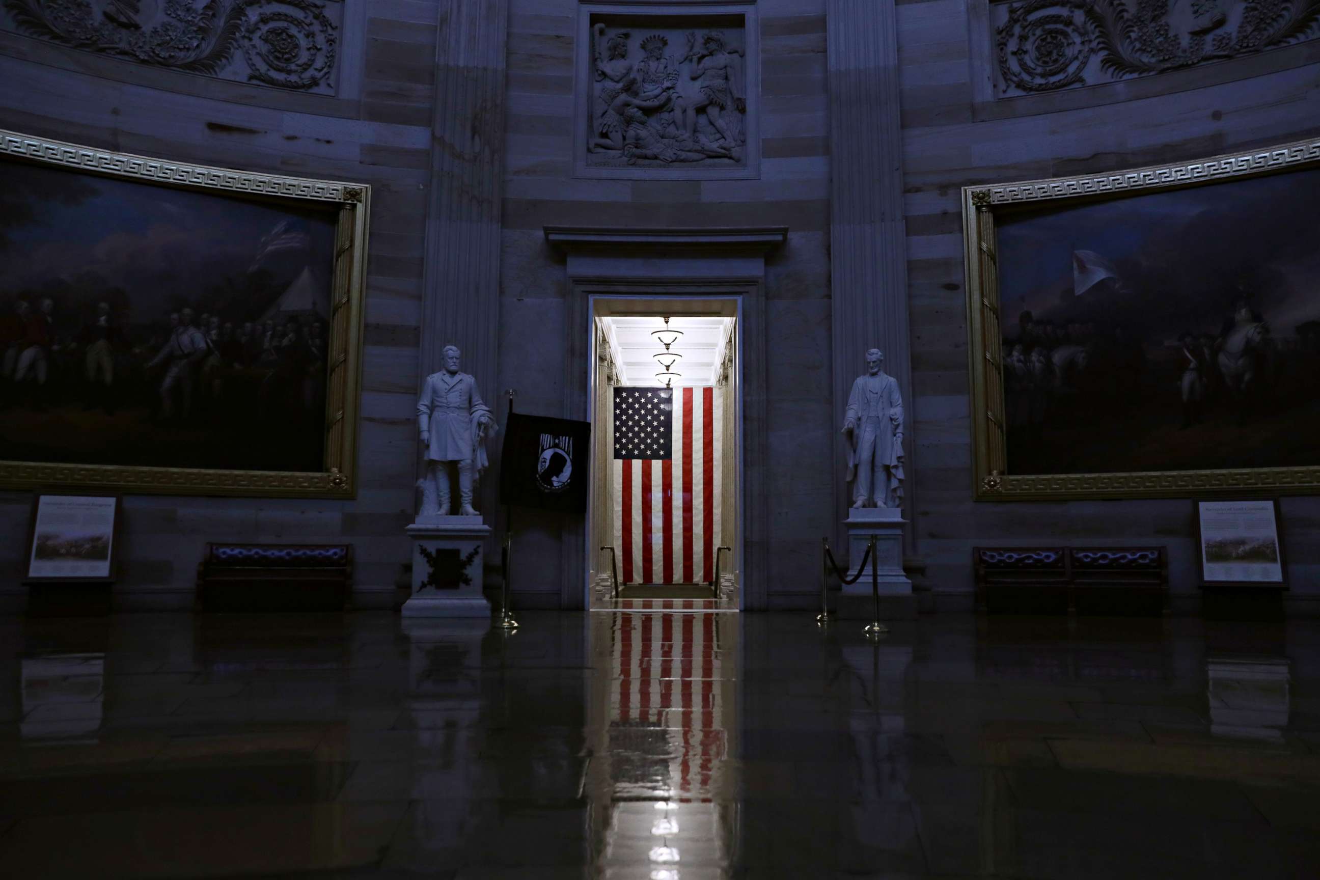 PHOTO: The Rotunda at the U.S. Capitol is empty after the last tour group has passed through, March 12, 2020, in Washington. The U.S. Capitol Visitor Center suspended all public tours until the end of March due to COVID-19.