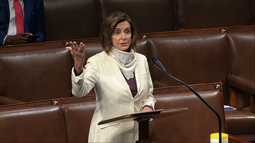 PHOTO: In this image from video, House Speaker Nancy Pelosi of Calif., speaks on the floor of the House of Representatives at the U.S. Capitol in Washington, April 23, 2020.
