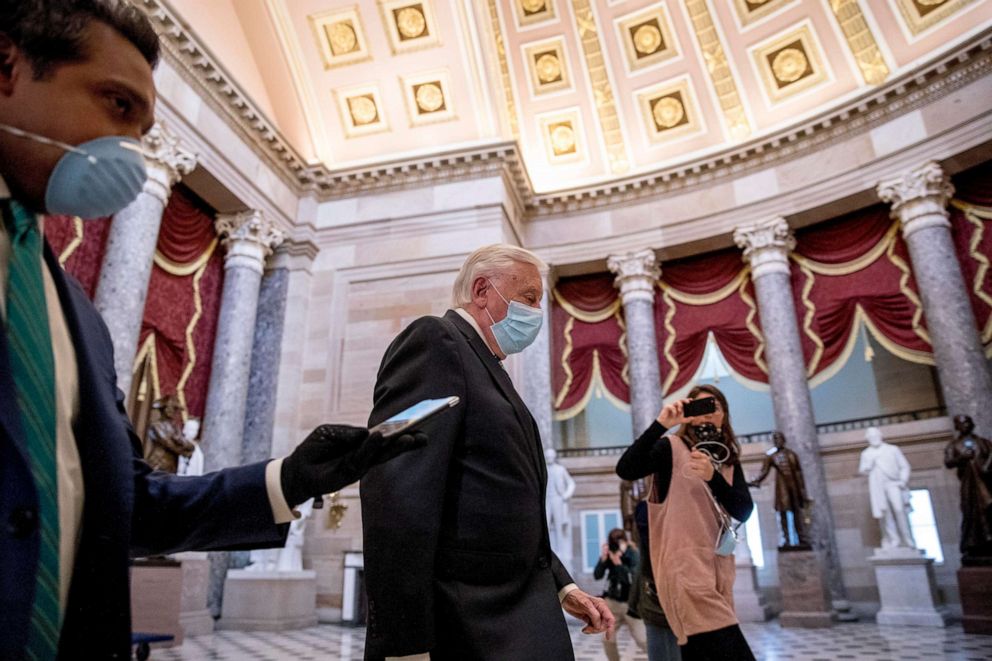PHOTO: House Majority Leader Steny Hoyer of Maryland walks off of the House floor on Capitol Hill, April 23, 2020, in Washington.