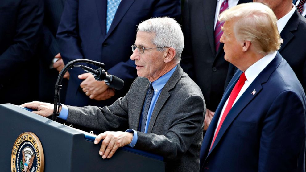 PHOTO: Dr. Anthony Fauci, director of the National Institute of Allergy and Infectious Diseases, during a news conference about the coronavirus in the Rose Garden at the White House, March 13, 2020, in Washington.(AP Photo/Alex Brandon)