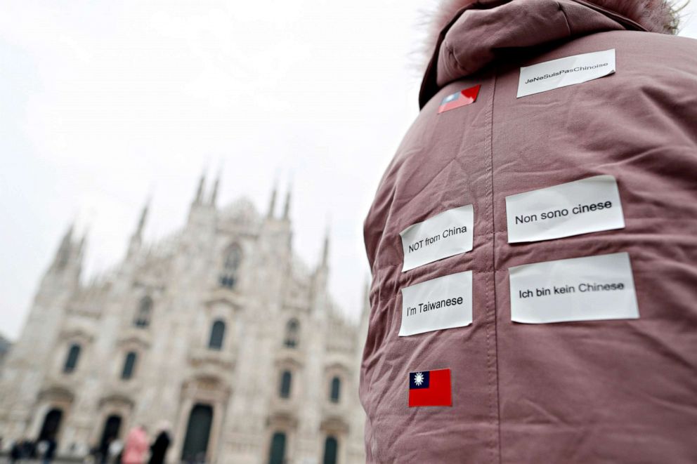 PHOTO: A tourist wears stickers on her back to identify herself as Taiwanese and not Chinese in Milan, as Italy deals with an outbreak of COVID-19, Feb. 25, 2020.