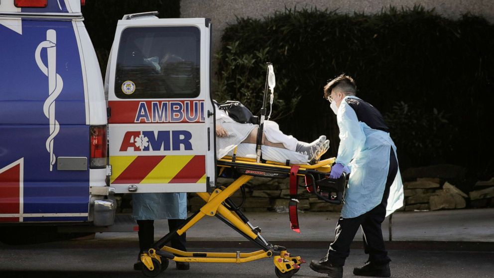 PHOTO: Medics load a person into an ambulance the Life Care Center of Kirkland, the long-term care facility linked to several confirmed coronavirus cases in the state, in Kirkland, Wash., March 4, 2020.