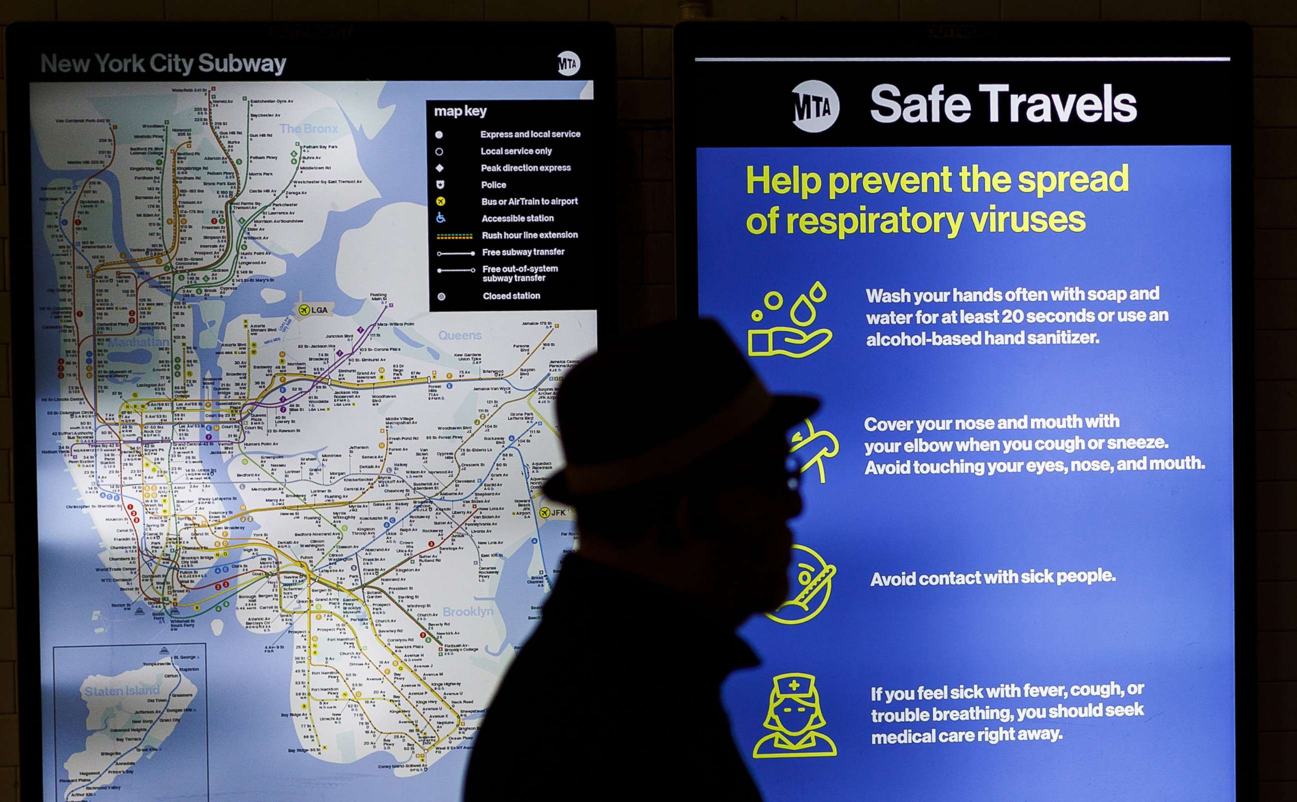 PHOTO: A public service announcement related to the coronavirus is seen on screen in the Times Square subway station in New York City as the number of cases in New York state rise, March 5, 2020.