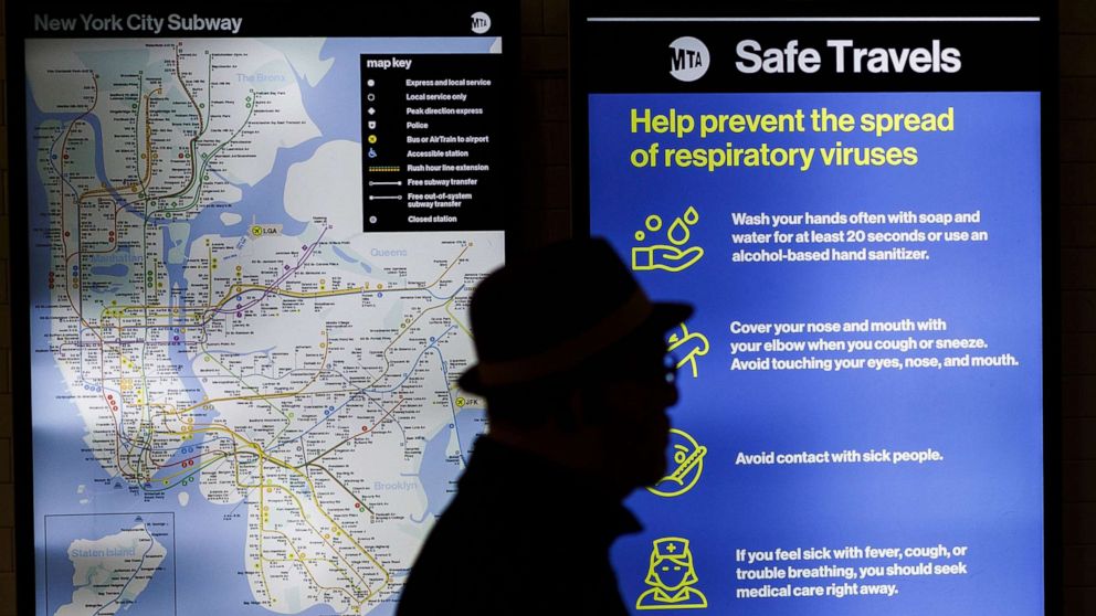 PHOTO: A public service announcement related to the coronavirus is seen on screen in the Times Square subway station in New York City as the number of cases in New York state rise, March 5, 2020.