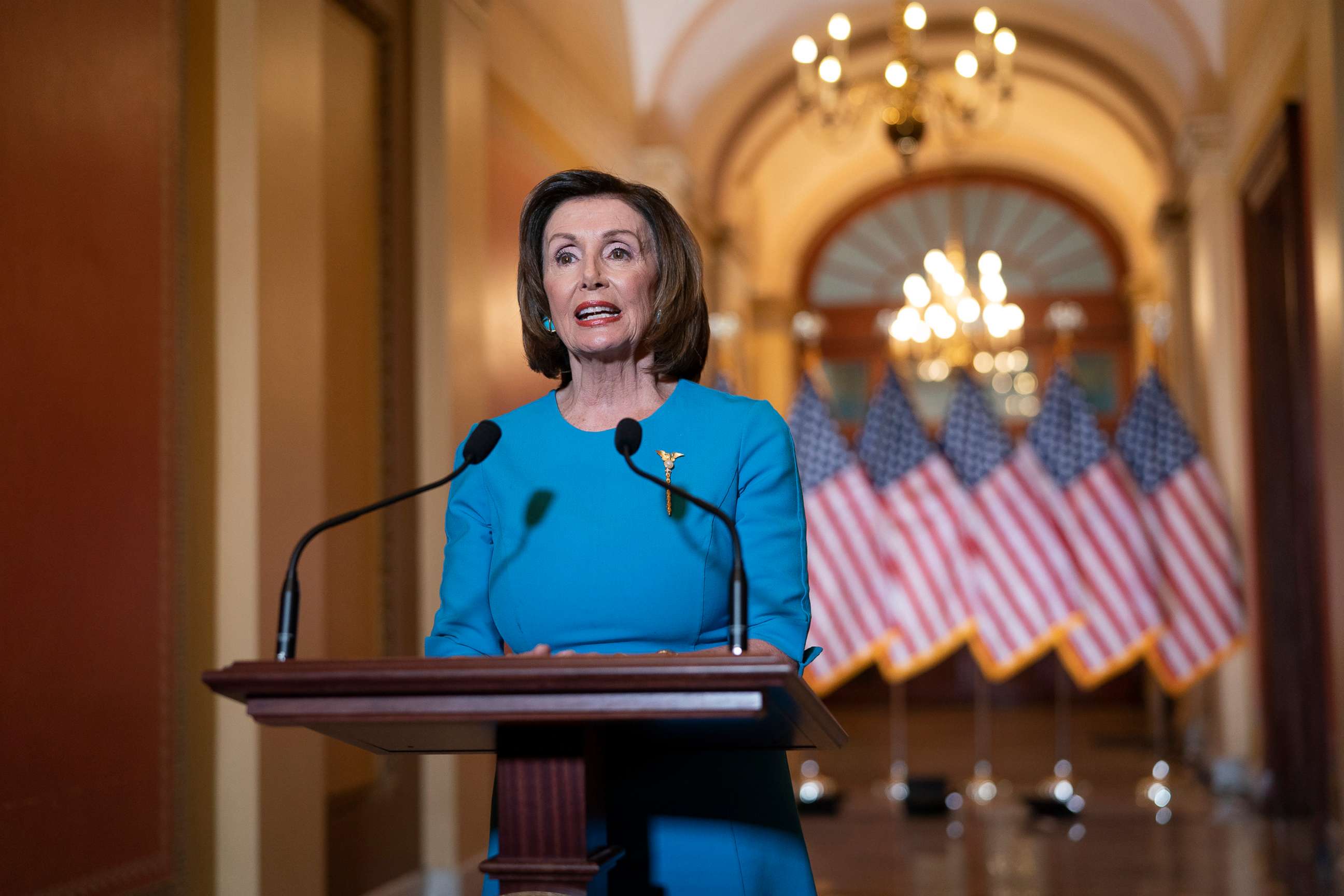 PHOTO: Speaker of the House Nancy Pelosi makes a statement about a coronavirus aid package on Capitol Hill, in Washington, March 13, 2020.