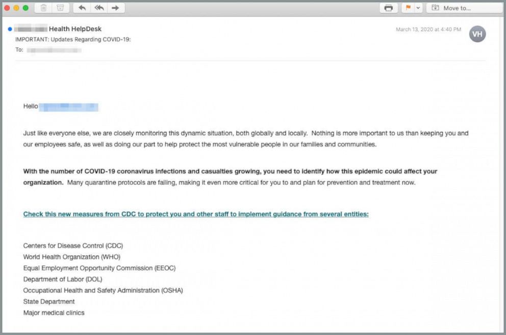 PHOTO: Cybersecurity experts have identified a significant uptick in coronavirus-related phishing scams.