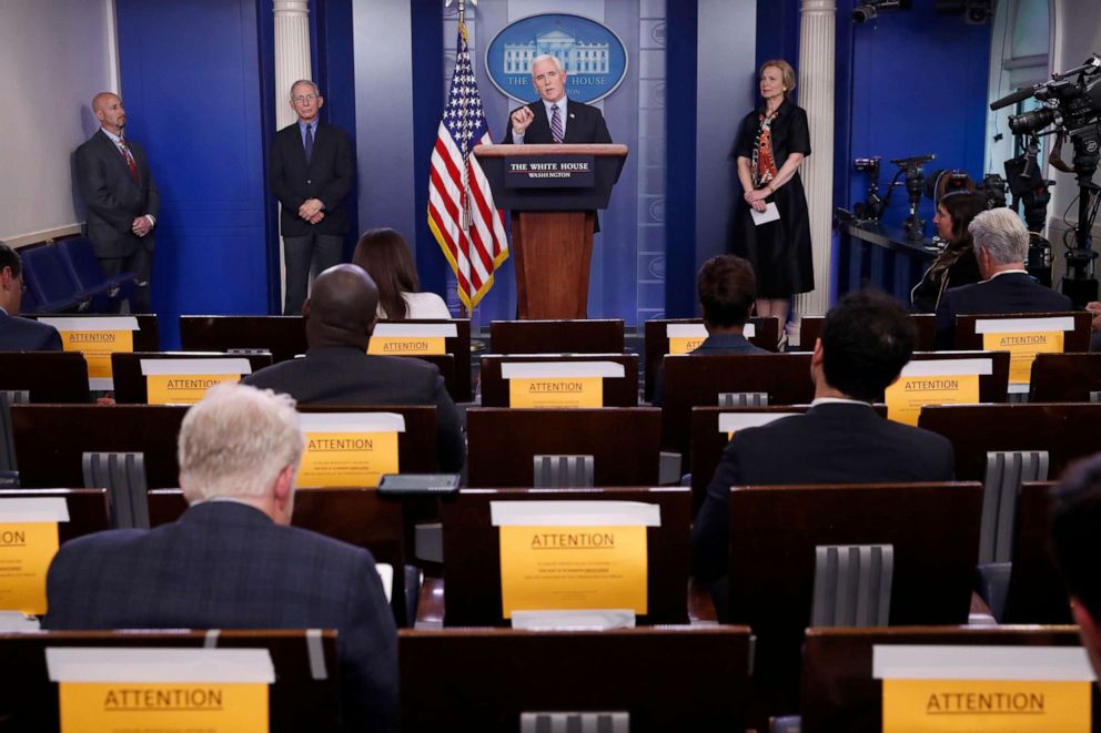 PHOTO: Vice President Mike Pence speaks about the coronavirus in the James Brady Briefing Room, March 26, 2020, in Washington.