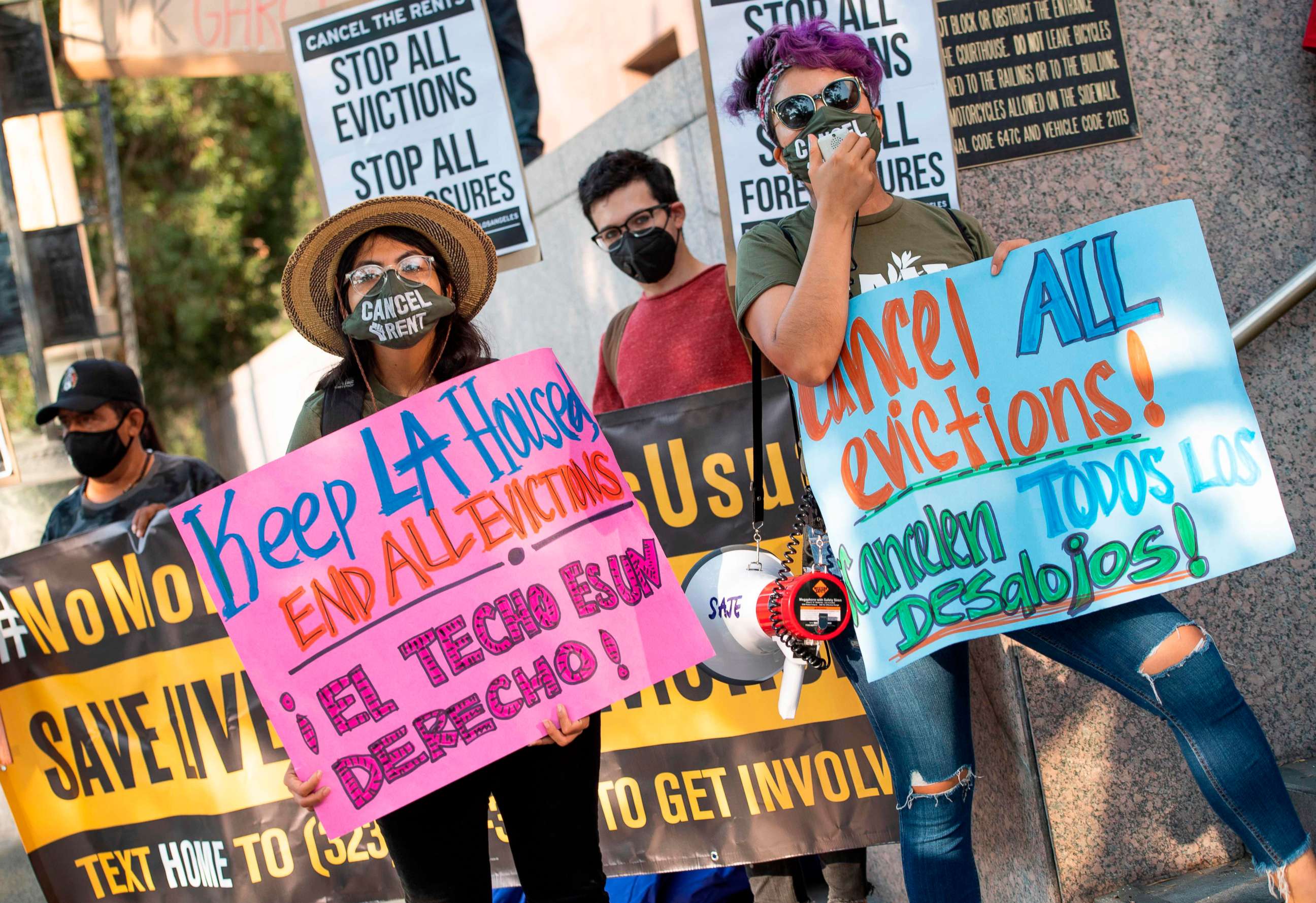 PHOTO: Renters and housing advocates attend a protest to cancel rent and avoid evictions in front of the court house amid Coronavirus pandemic on August 21, 2020, in Los Angeles, California. 