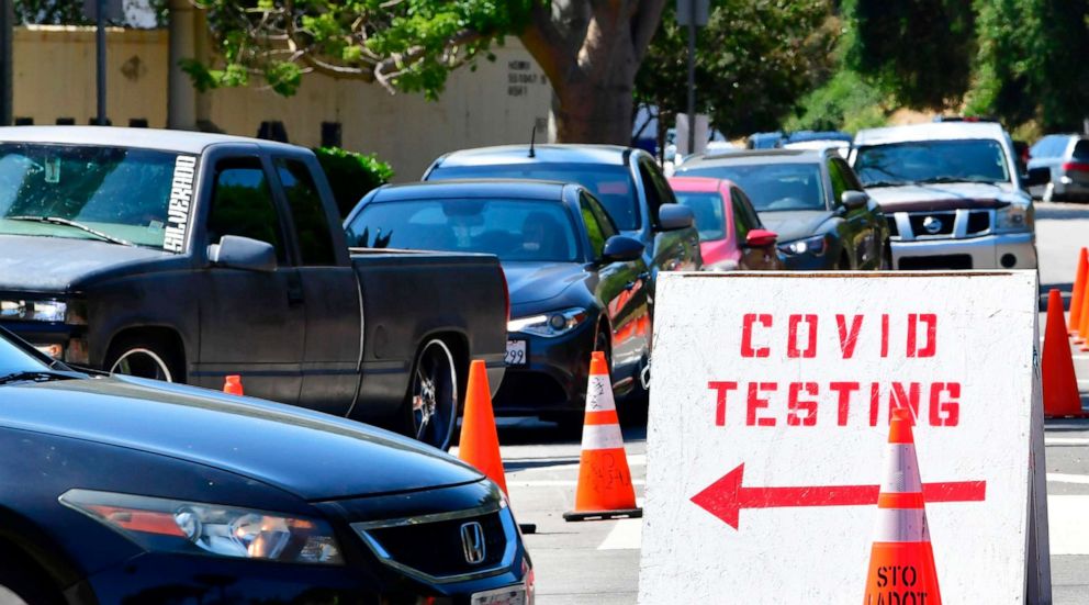 PHOTO: Traffic is directed at Dodger Stadium as people arrive for COVID-19 testing in Los Angeles, California, on June 30, 2020.
