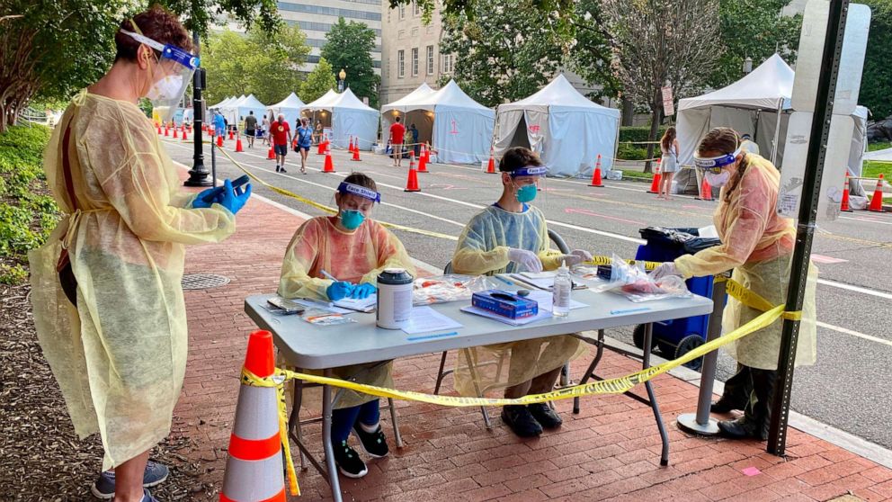PHOTO: Health workers provide COVID-19 testing on a street in Washington, D.C., on Aug. 14, 2020.