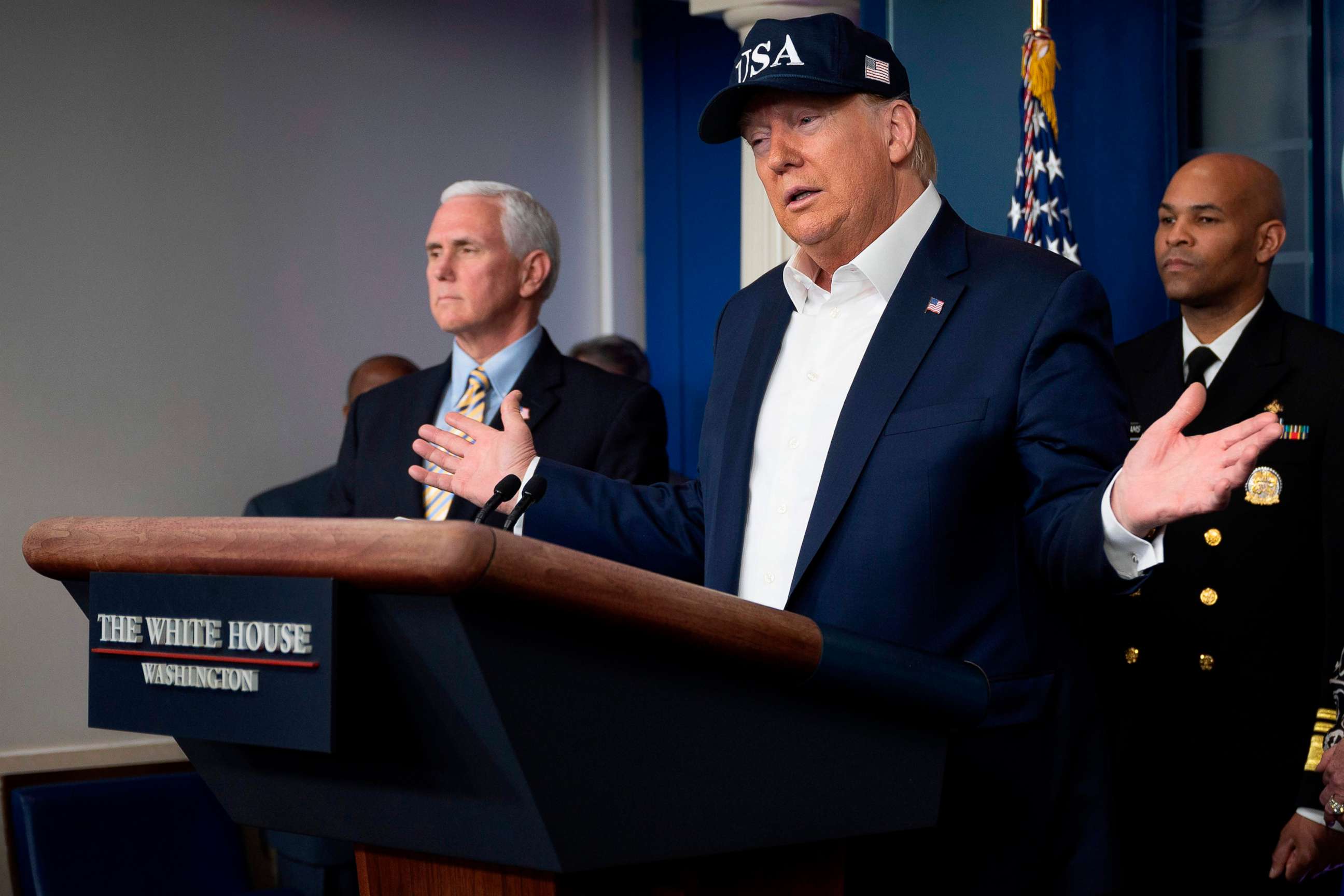 PHOTO: President Donald Trump speaks during a press briefing about the coronavirus alongside Vice President Mike Pence, left, and members of the Coronavirus Task Force in the Brady Press Briefing Room at the White House, in Washington, March 14, 2020. 