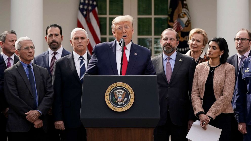 PHOTO: President Donald Trump holds a news conference about the ongoing global coronavirus pandemic in the Rose garden at the White House, March 13, 2020 in Washington. 