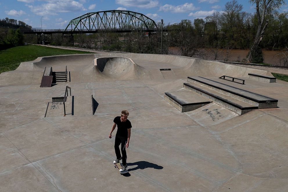 PHOTO: A skateboarder skates at Fort Neal Park on April 15, 2020 in Parkersburg, W.Va.