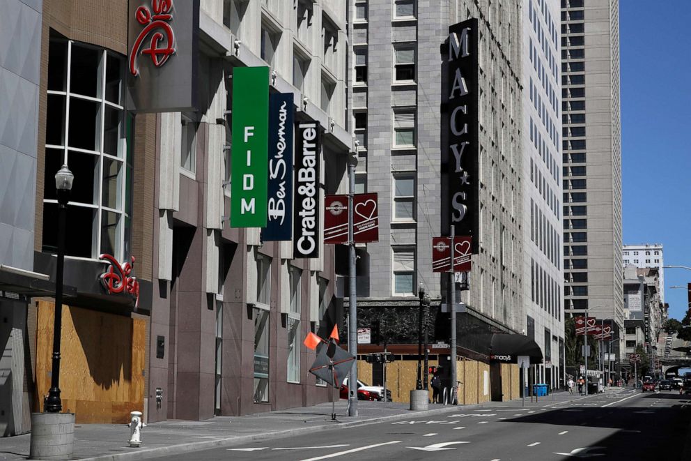 PHOTO: Closed businesses are seen, May 27, 2020, in downtown San Francisco, Calif.