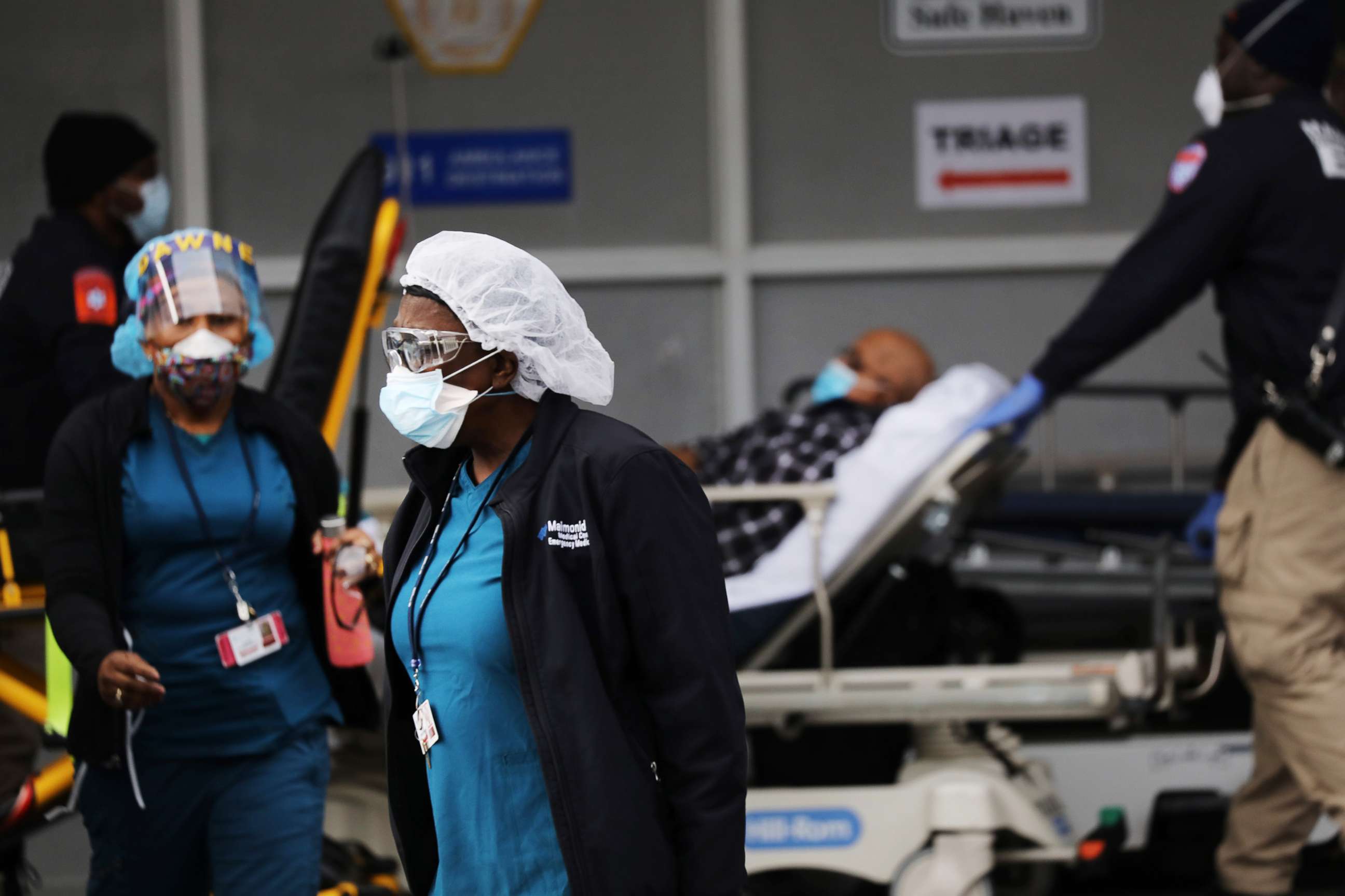 PHOTO:Medical workers take in patients at a special coronavirus intake area at Maimonides Medical Center on April 6, 2020 in Brooklyn, N.Y.