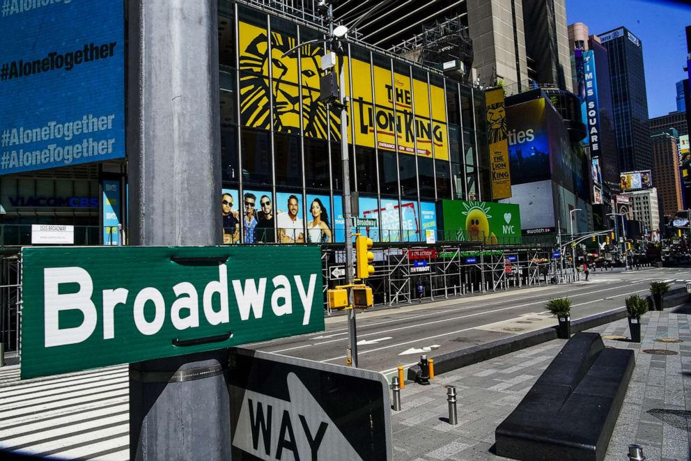 PHOTO: A Broadway sign is seen near the Theater District in Manhattan as theaters remain shuttered due to COVID-19 pandemic on May 13, 2020 in New York City.