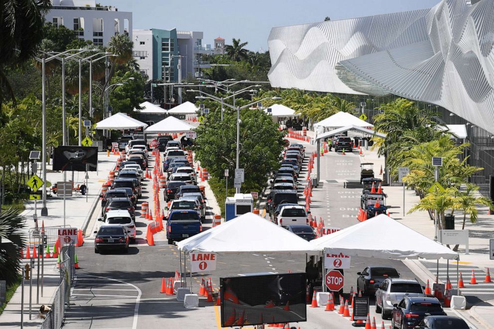 PHOTO: Cars wait in line at the Corona Virus (COVID-19) drive in testing site, set up at the Miami Beach Convention Center in Miami Beach, Fla., July 2, 2020.