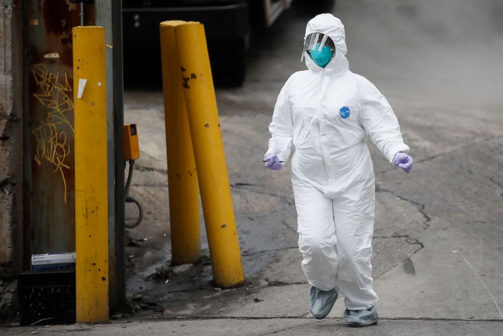 PHOTO: A medical worker wears personal protective equipment due to COVID-19 concerns at The Brooklyn Hospital Center, April 9, 2020, in the Brooklyn, N.Y.