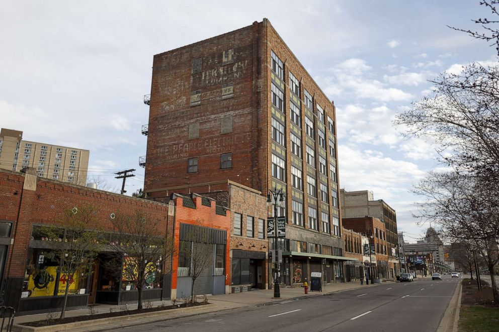 PHOTO: A block of businesses near Eastern Market that are closed to the public on April 8, 2020 in Detroit.