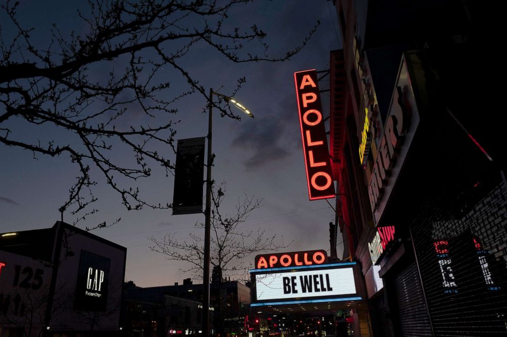 PHOTO:The Apollo Theater is closed due to the coronavirus pandemic but carries the message "Be Well," April 16, 2020, in the Harlem, N.Y.