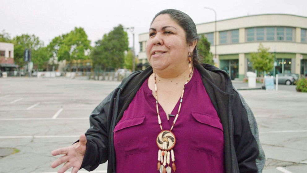 PHOTO: Corrina Gould, co-founder of Indian People Organizing for Change, talks to "Nightline" at the former site of a shell mound in Berkeley, California, where people with the Ohlone People used to be buried.
