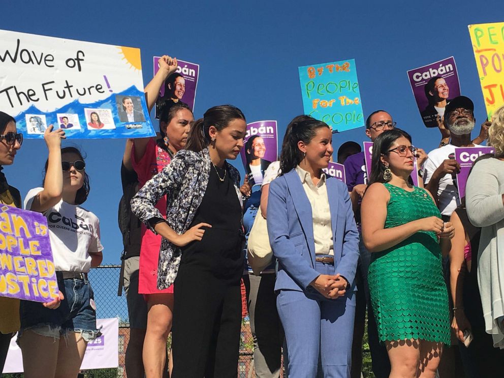 PHOTO: Rep. Alexandria Ocasio-Cortez and other elected leaders and activists hold a rally for Tiffany Caban's campaign for Queens District Attorney on June 23, 2019, two days ahead of the June 25 Democratic primary.
