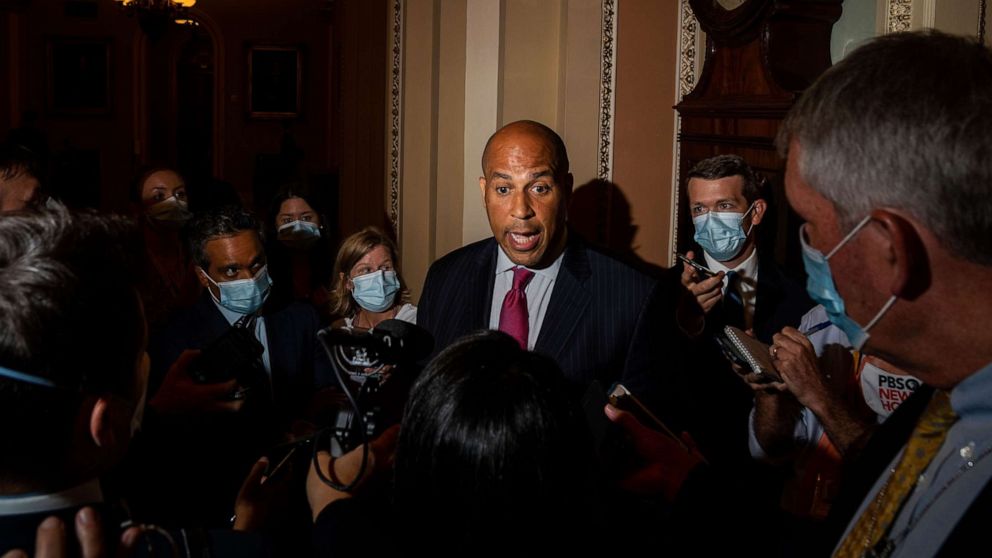 PHOTO: Sen. Cory Booker speaks with members of the press at the U.S. Capitol on Sept. 22, 2021, in Washington, D.C.