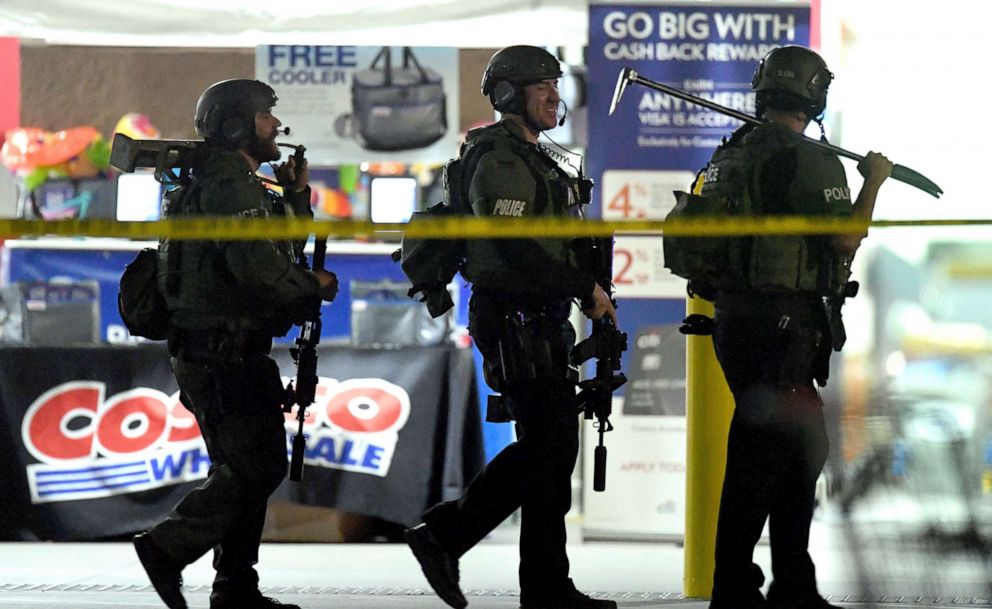 PHOTO:Heavily armed police officers exit the Costco following a shooting inside the wholesale warehouse in Corona, Calif., June 14, 2019.
