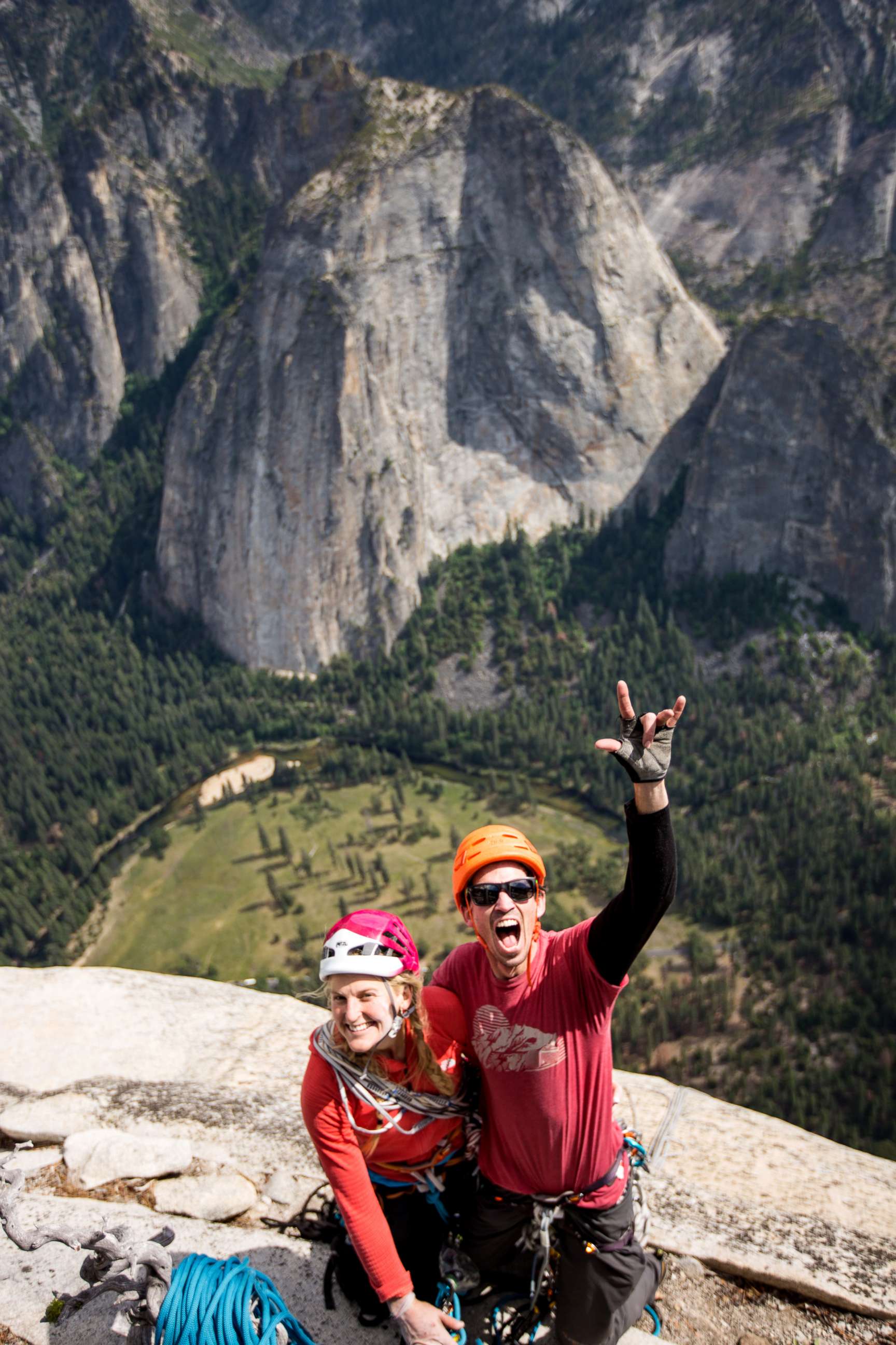 PHOTO: Climber Emily Harrington and mountaineer Adrian Ballinger at the top of El Capitan in Yosemite Naitonal Park.